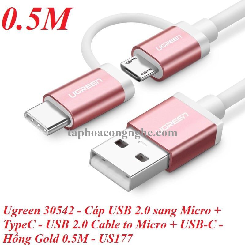 Ugreen 30542 0.5M màu Hồng Cáp USB-A sang Micro USB + USB-C cao cấp US177 30030542